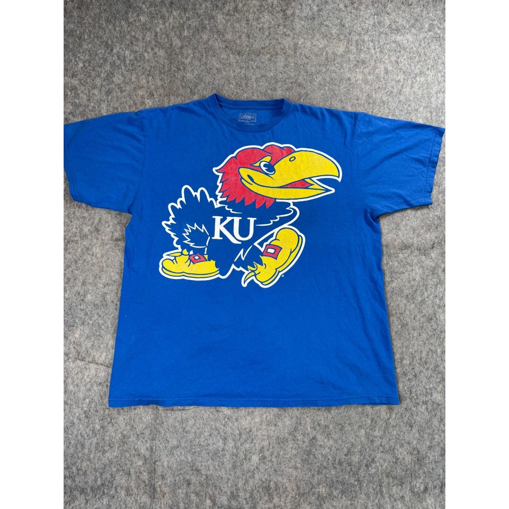 Champs Jayhawks T-Shirt Men Large Blue Cotton KU Mascot Graphic NCAA College Tee